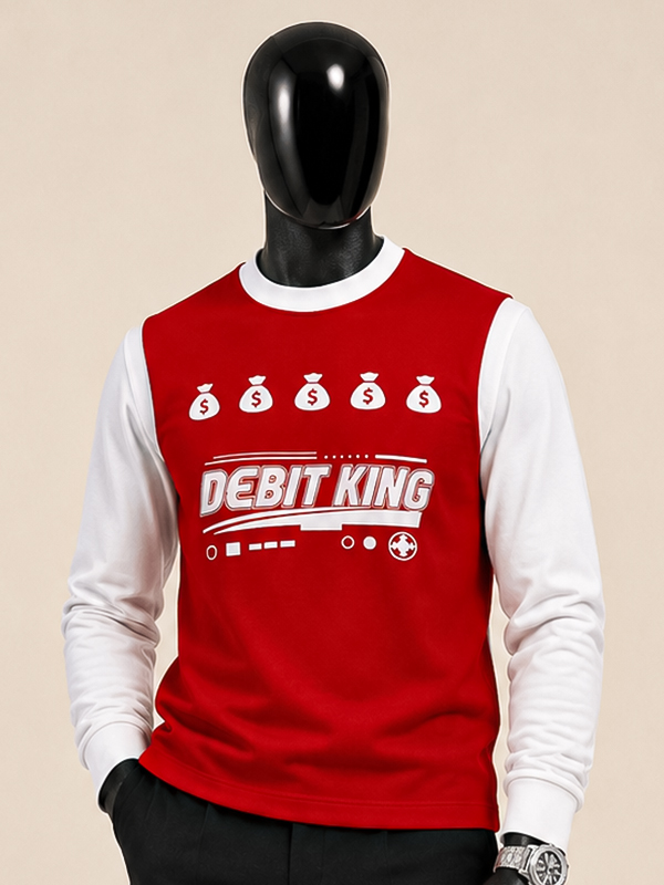 1 Red & White "Debit King" Colour-Block Long-Sleeve Sweatshirt