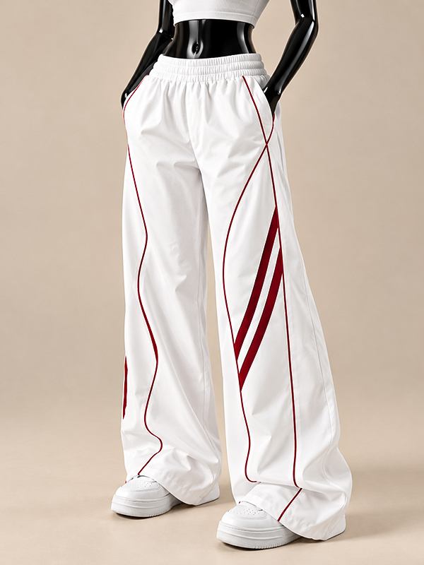1 White & Burgundy Abstract Wide-Leg Joggers