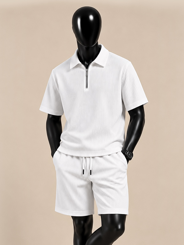 2 White Ribbed Half-Zip Polo & Shorts Co-Ord Set