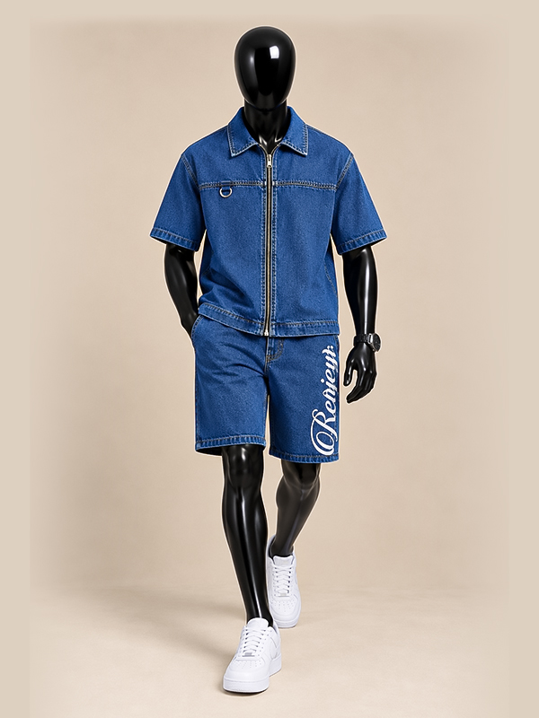 2 Blue Denim Zip-Up Shirt & Graphic Denim Shorts Set